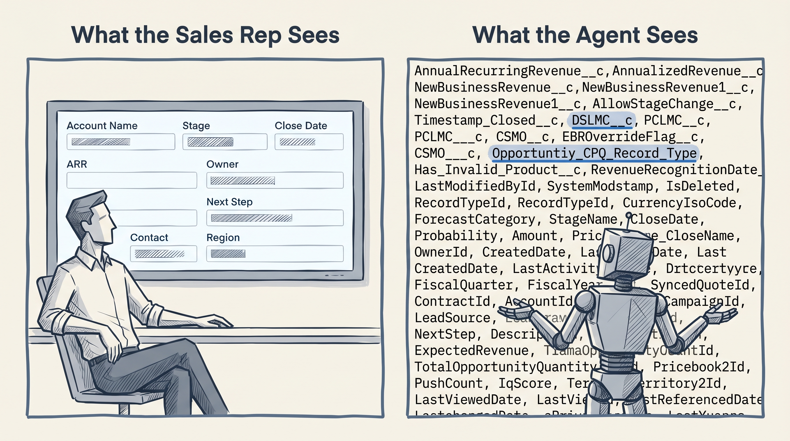 Zweiteilige Illustration: links zeigt ein übersichtliches Salesforce-Seitenlayout mit ~10 beschrifteten Feldern aus Sicht eines Sales Reps; rechts zeigt dasselbe Objekt via API mit 70+ kryptischen Feldnamen aus Sicht eines KI-Agenten