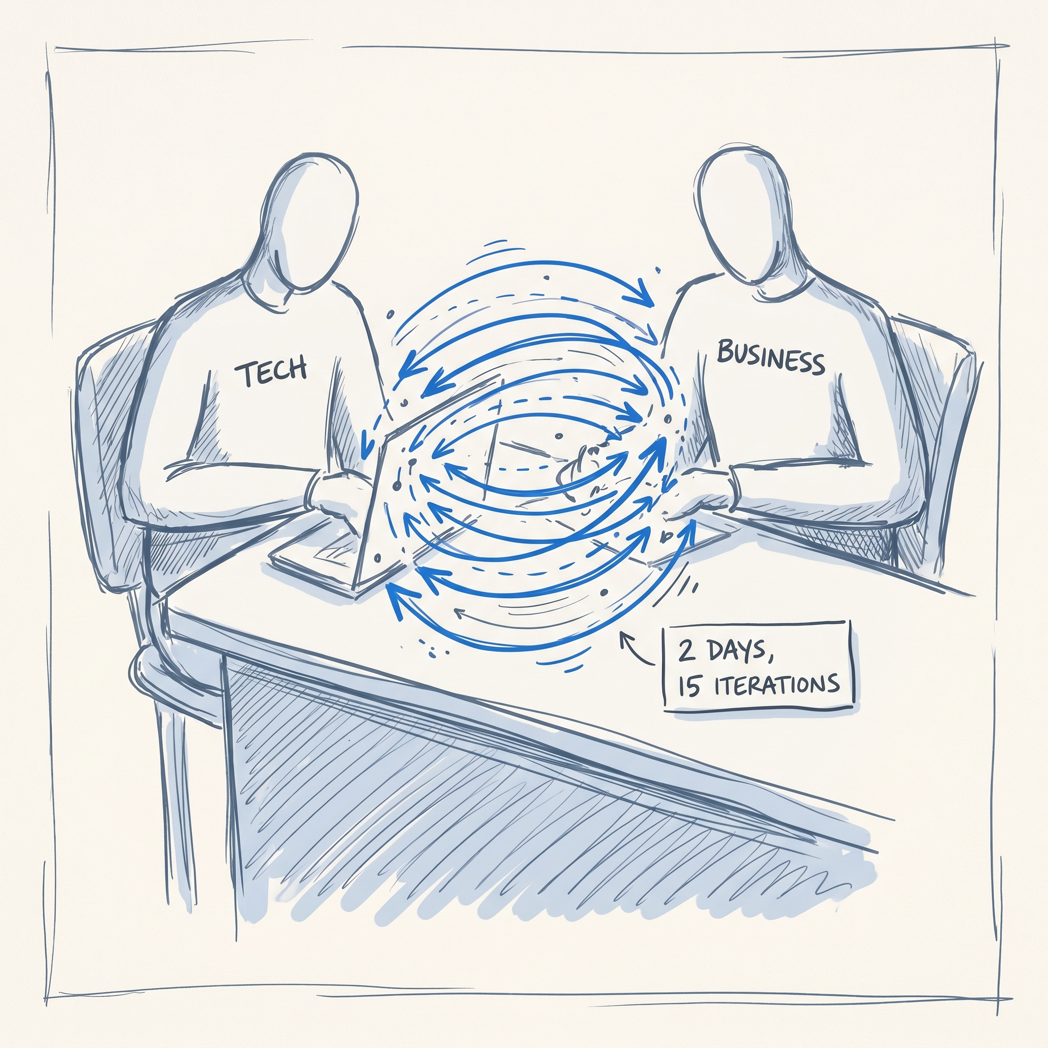 Zwei Personen, eine mit der Aufschrift "Tech", eine mit "Business", sitzen nebeneinander an einem gemeinsamen Tisch. Zwischen ihnen: 15 schnelle Iterationspfeile. Beschriftung: 2 Tage, 15 Iterationen.