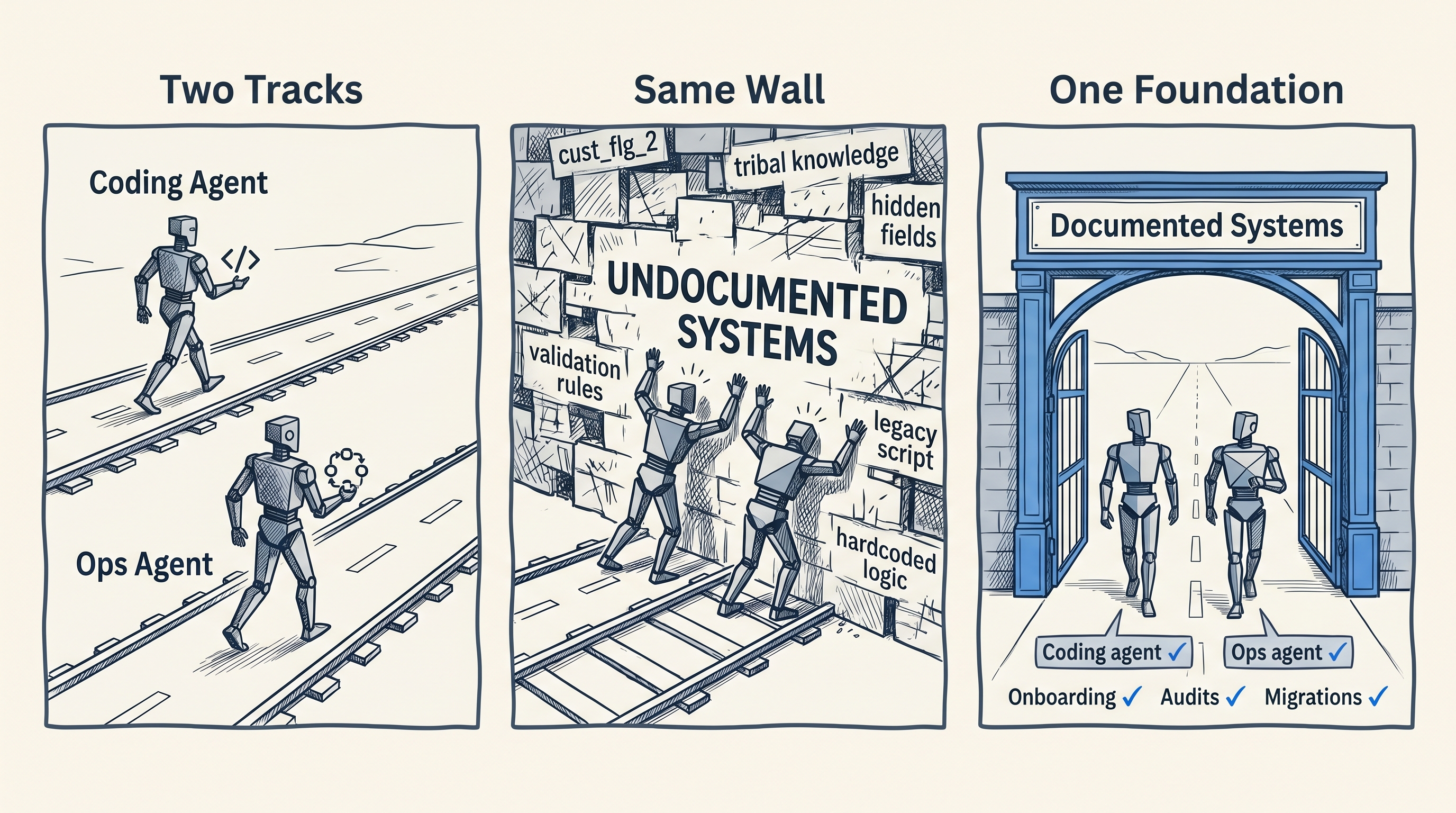 Dreiteilige Illustration: links fahren Coding Agent und Ops Agent auf parallelen Gleisen; in der Mitte prallen beide gegen eine "Undocumented Systems"-Wand; rechts passieren beide gemeinsam ein "Documented Systems"-Tor